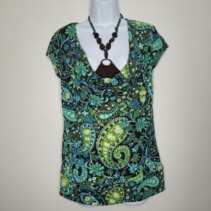 Vintage apt 9 green brown paisley print beaded tie halter party top small